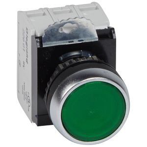 BOTON PULSADOR LUM RASANTE VERDE, 230V AC-DC, INCLY CONT NA+NC Y L?M TIPO LED